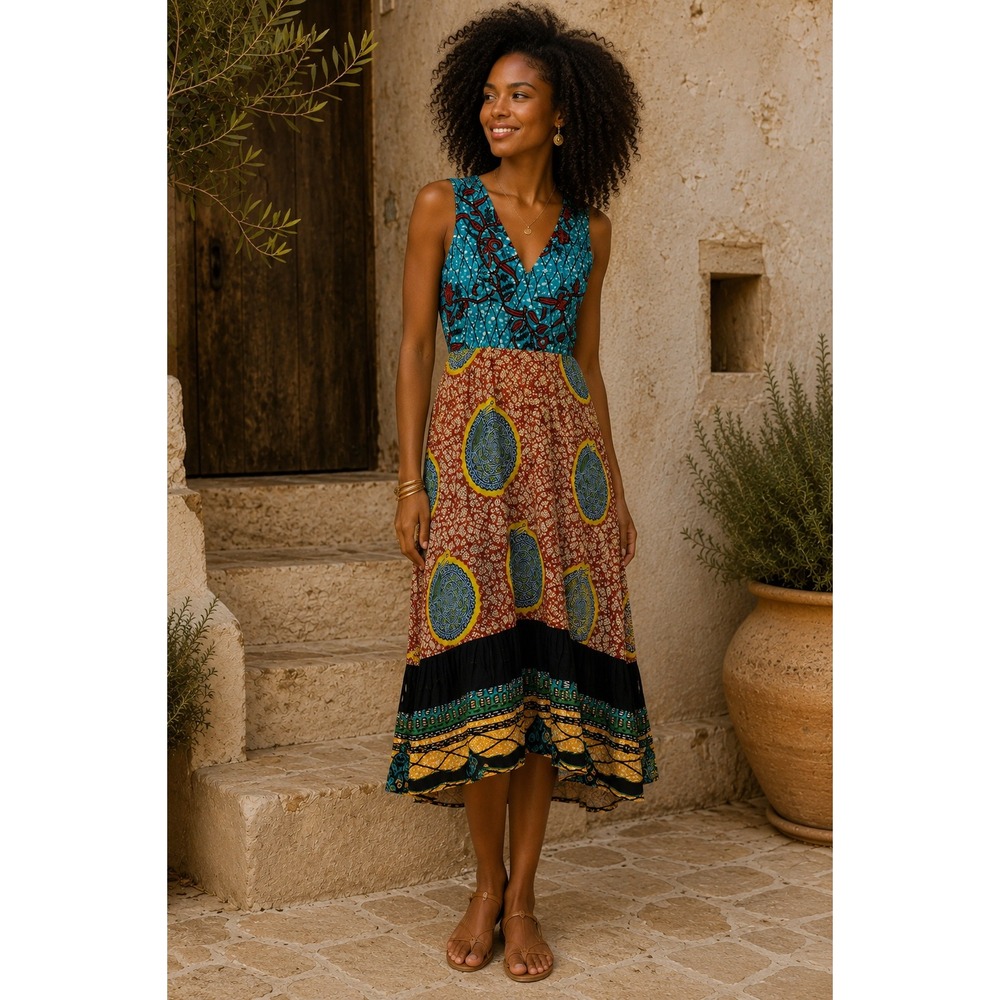 Lolly Women's African Boho Dress Sleeveless Handkerchief Hem Size Small